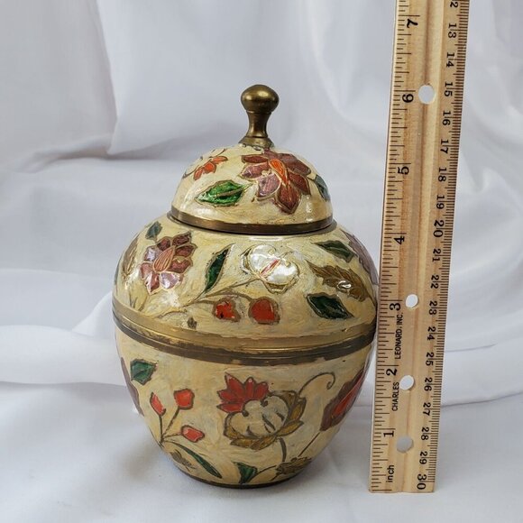 VTG Brass Cloisonné Enamel Lidded Ginger Jar Pot Urn Made in India 6 inches tall - Picture 6 of 13